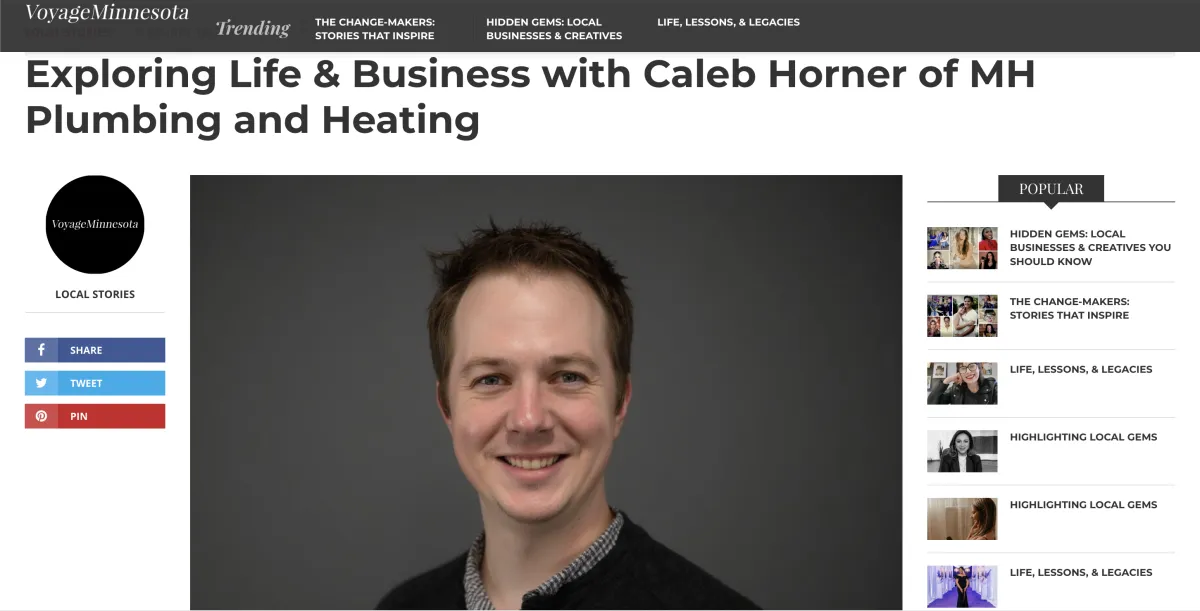 Caleb Horner of MH Plumbing featured in Voyage Minnesota magazine