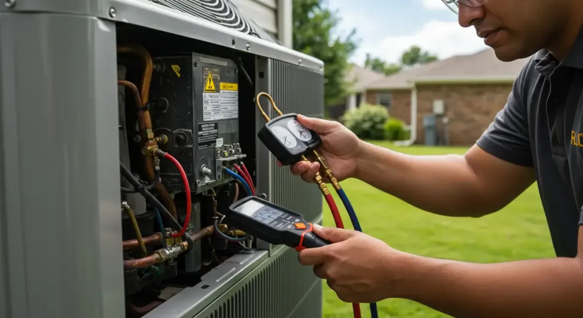 Technician completing A/C maintenance and tune-ups on an outdoor condenser in North Metro Minnesota