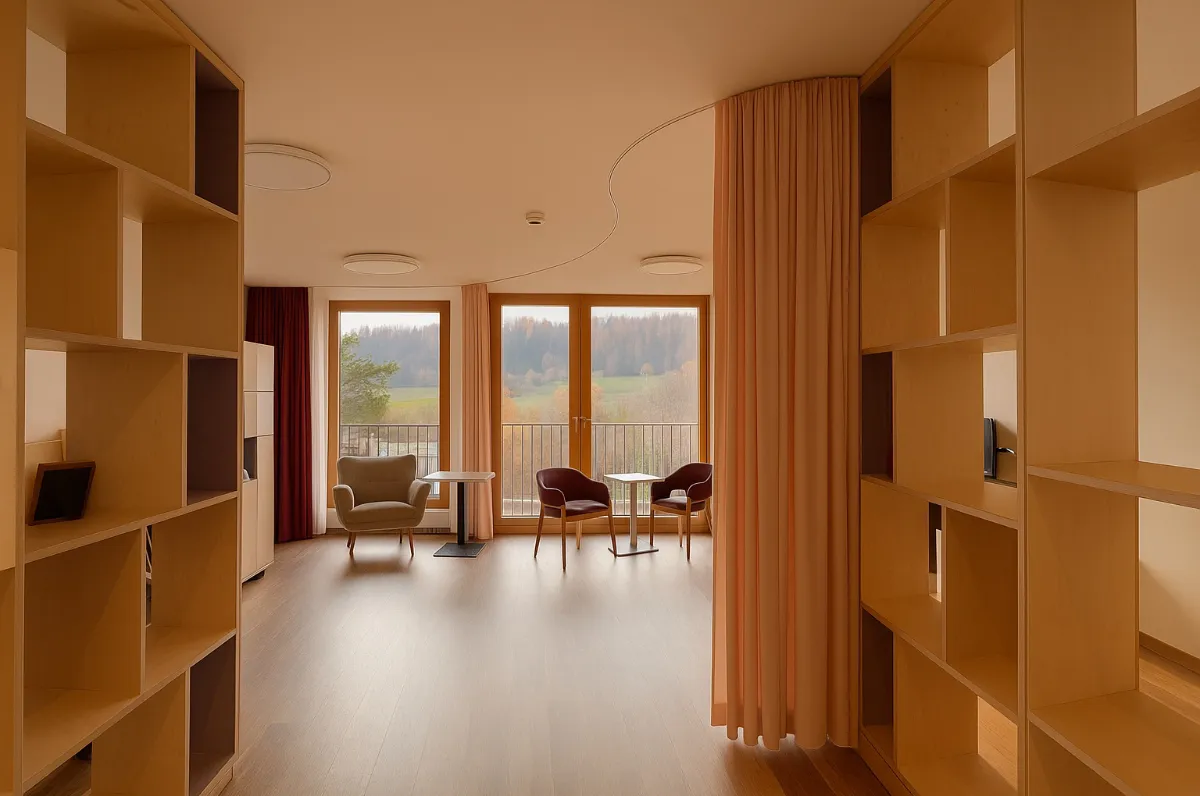 Doppelzimmer. Wohnbereich Demenz. Zwei Raumteiler führen in den Raum. Blick aus dem Fenster in die Natur.