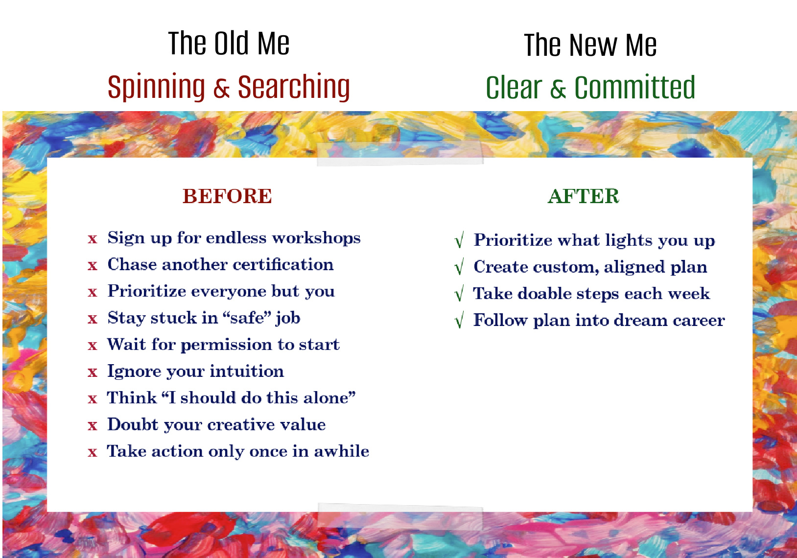 The Old Me: Spinning & Searching, sign up for endless workshops, chase another certification, prioritize everyone else, stay stuck in "safe" job, wait for permission to start, ignore you intuition, think "I should do this alone", doubt your value, take action only once in a while, New Me - clear and committed, prioritize what lights you up, create a custom, aligned plan, take doable steps weekly, follow your plan into dream career