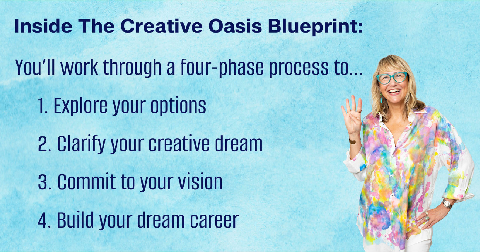 Inside the Creative Oasis Blueprint: You'll work through a four-phase process...1. Explore your options 2. Clarify your creative dream 3. Commit to you vision 4. Build your dream career
