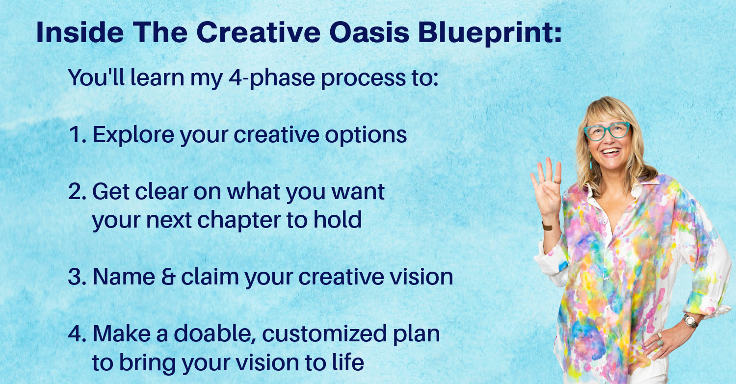 Inside the Creative Oasis Blueprint: You'll work through a four-phase process...1. Explore your options 2. Clarify your creative dream 3. Commit to you vision 4. Build your dream career