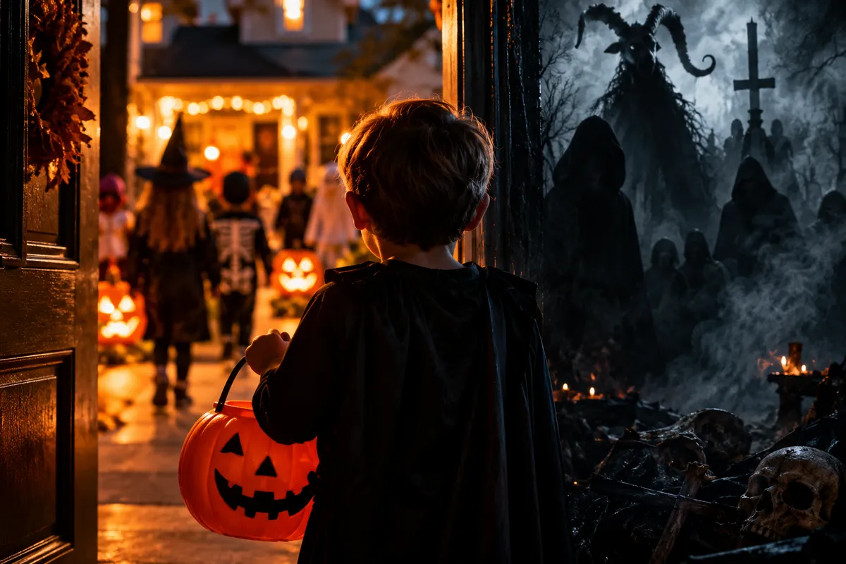 A child dressed for Halloween stands between a warmly lit neighborhood of trick or treaters and a dark, ominous world of hooded figures, symbolizing innocence, spiritual darkness, and discernment.