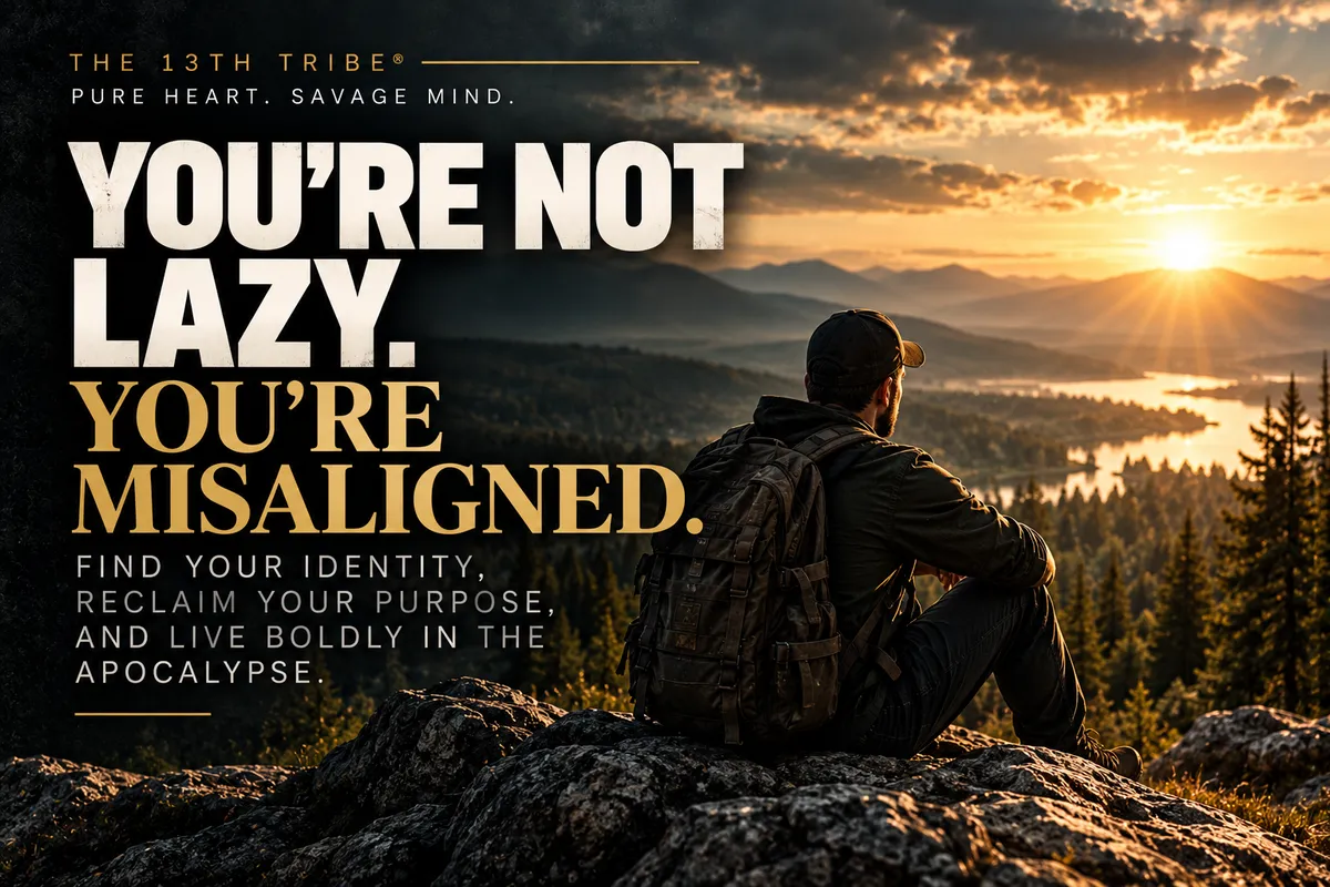 You're Not Lazy. You're Misaligned. A rugged man overlooks a mountain landscape, representing a journey toward identity and purpose.