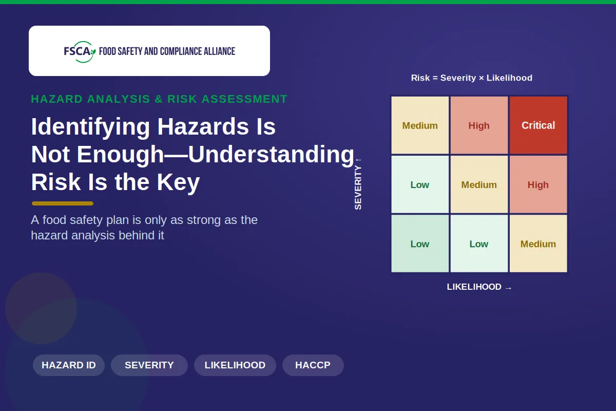 Cover image for "Identifying Hazards Is Not Enough—Understanding Risk Is the Key to Food Safety" — FSCA blog post on hazard analysis and risk assessment