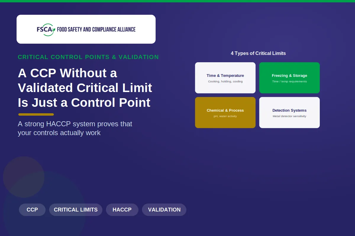 Cover image for "A CCP Without a Validated Critical Limit Is Just a Control Point" — FSCA blog post on critical limit validation