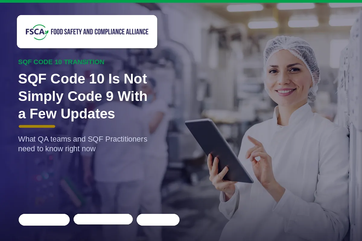 Cover image for "SQF Code 10 Is Not Simply Code 9 With a Few Updates" — FSCA blog post on SQF Code 10 transition