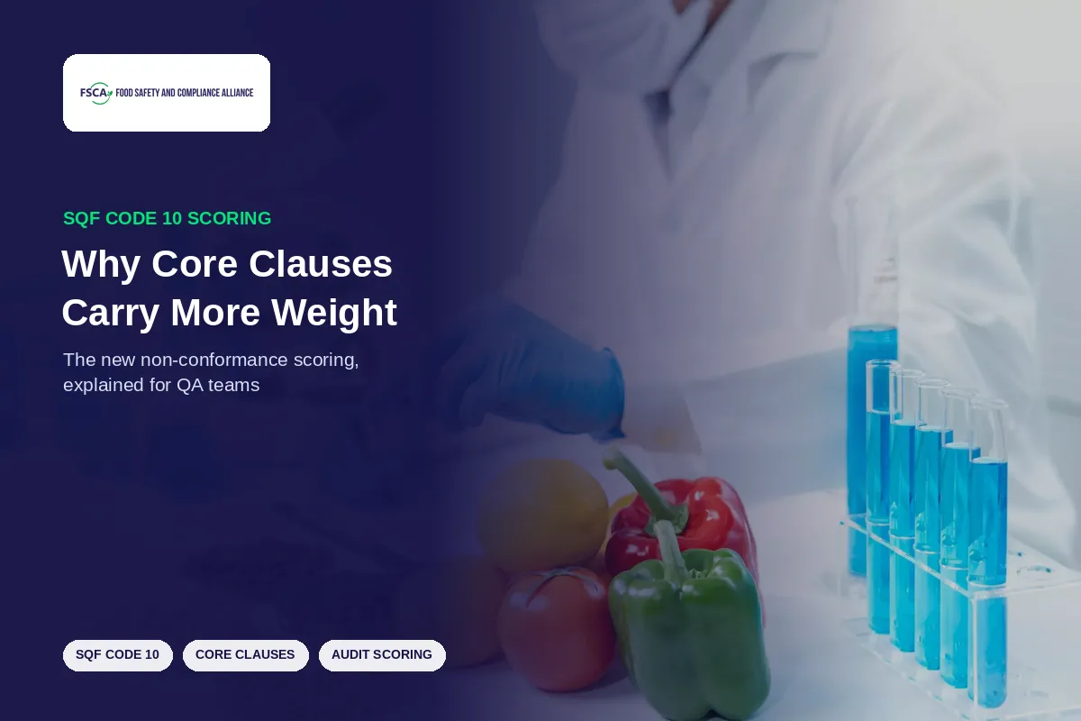 Cover image for “SQF Code 10 Scoring: Why Core Clauses Carry More Weight” — FSCA blog post on the new non-conformance weighting, from Compliant (0) to Critical (50).