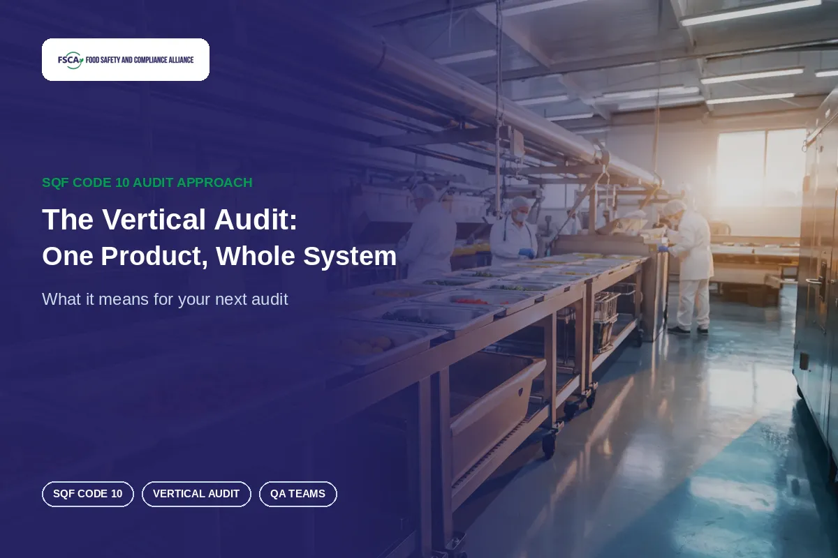 Cover image for “The Vertical Audit: One Product, Whole System” — food production line, FSCA blog post on the SQF Code 10 vertical audit approach.