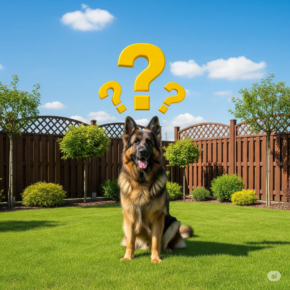 German Shepherd  with floating question marks above his head for FAQ section