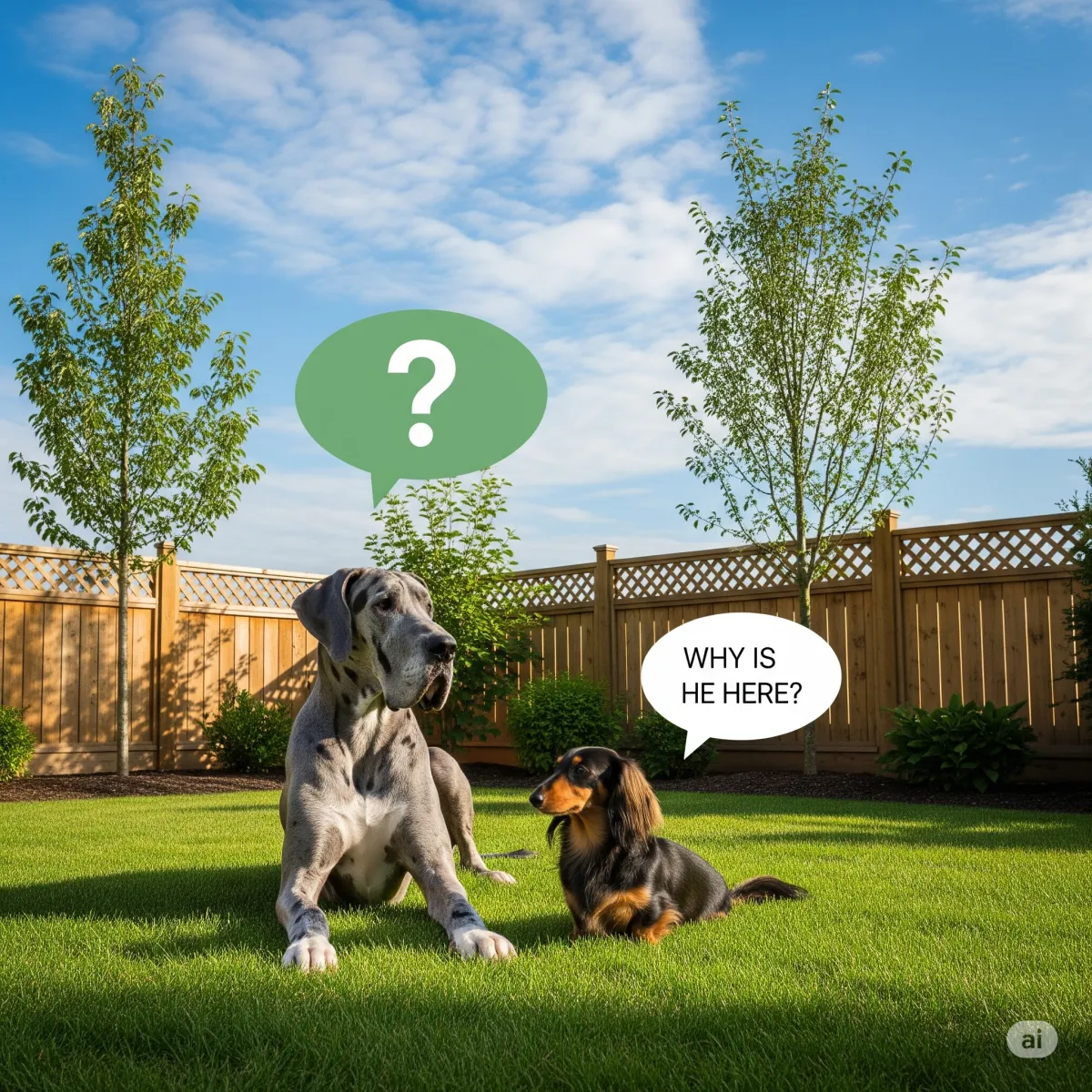 Image is of 2 dogs, a Great Dane and a long haired standard dachshund. There is a  "chat balloon" above the dachshund's head asking "Why is he here?", and a big question mark above the Great Dane's head.