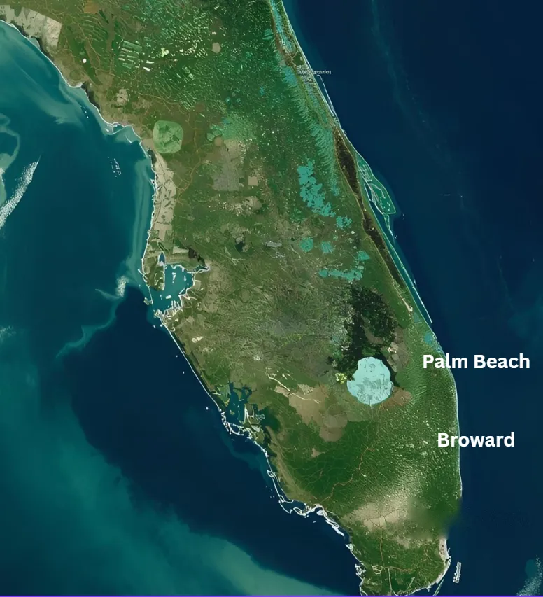 Map of South Florida showing the Palm Beach and Broward service area