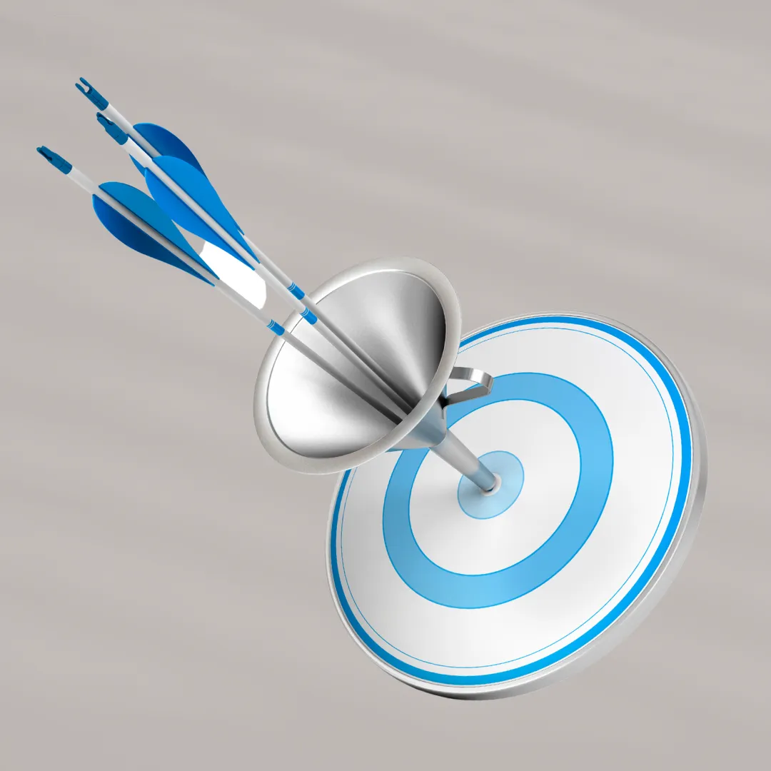 Blue target with arrow and funnel symbolizing precise targeting and effective funneling. Power of strategic digital advertising represented