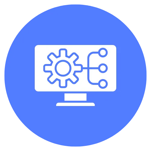 Purple icon with white border featuring gears symbolizing synergy. CRM section highlighted, showcasing efficient Customer Relationship Management solutions