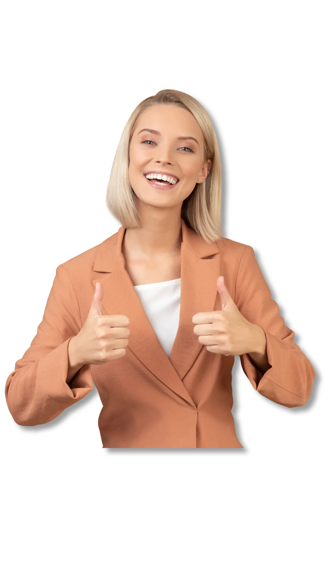 Energetic blonde businesswoman with short hair giving a thumbs-up gesture next to Aura Digital Marketing Solutions core values. Aura Digital Marketing Solutions Core Values personified by enthusiastic team member