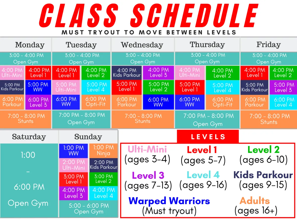 Adult Ninja Pakour Schedule