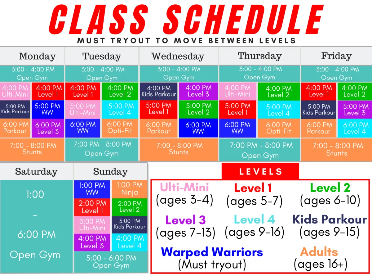 Ninja Gym Kids Schedule