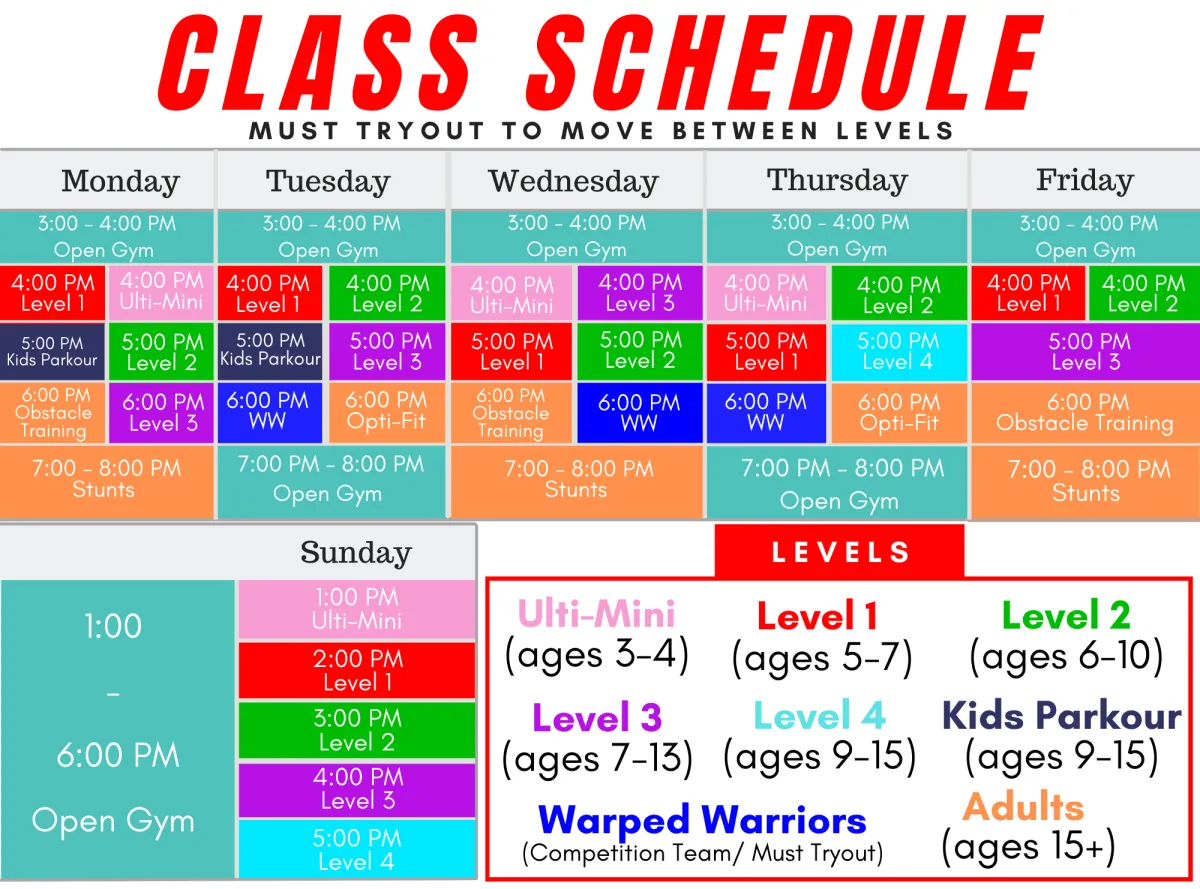 Ninja Gym Kids Schedule