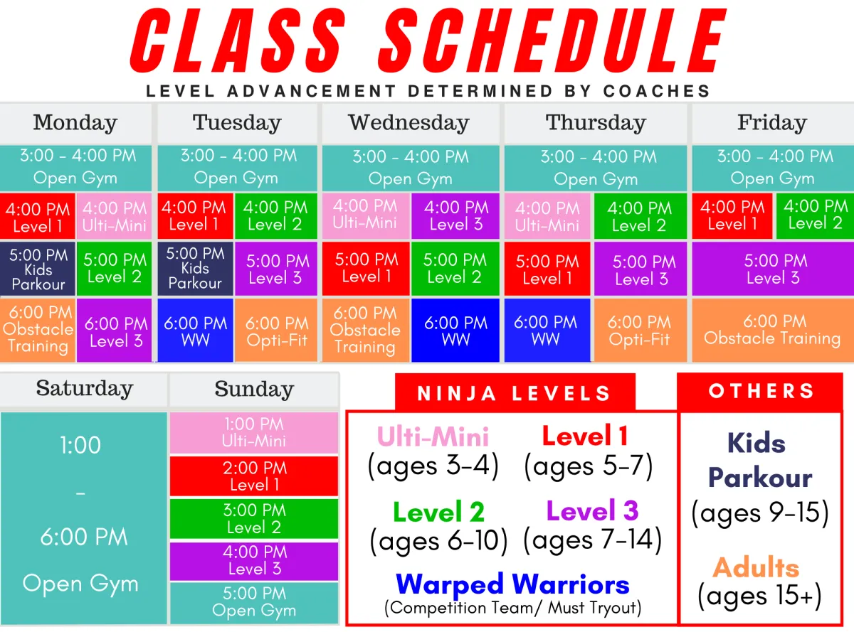 Ninja Gym Kids Schedule