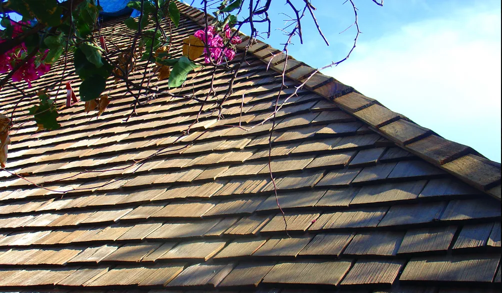 Close-up of cedar shakes showing natural grain and texture