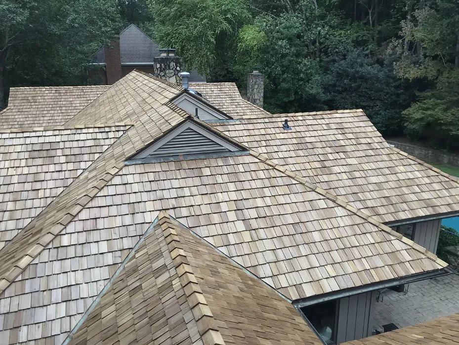 Cedar shake roof installed on two-story home