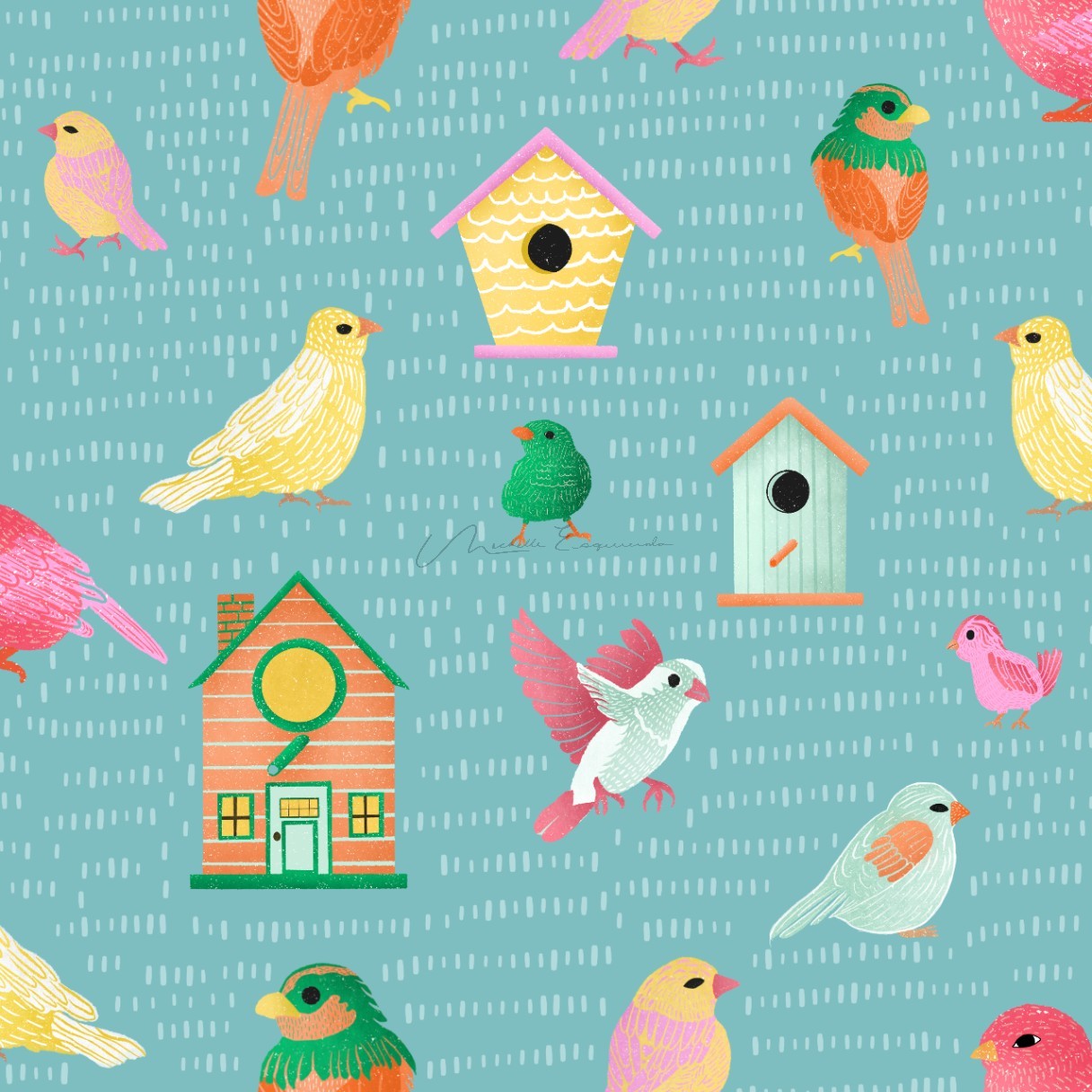 Birds and birdhouses scattered in a pattern for surface pattern designs.