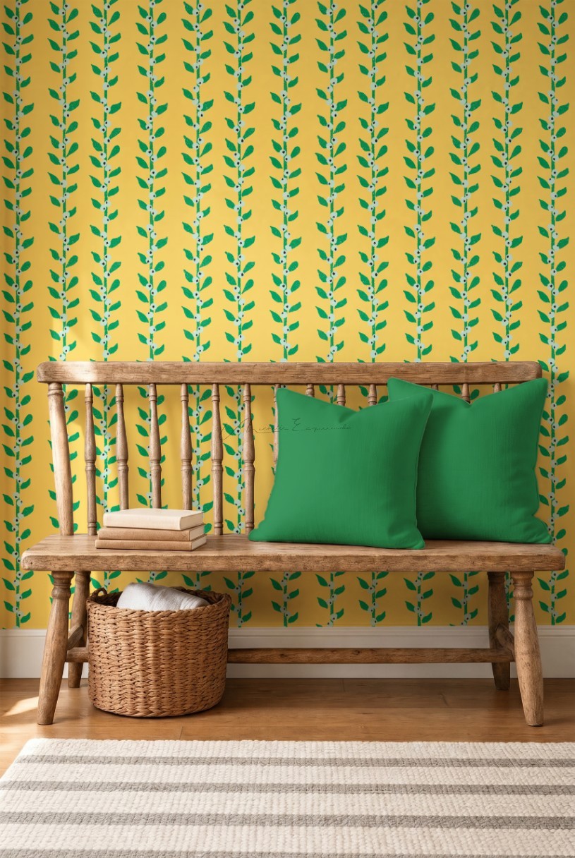 Entryway wallpaper mockup in the Through the Grapevine bird repeat pattern, styled with a bench, throw pillow, and wicker basket.
