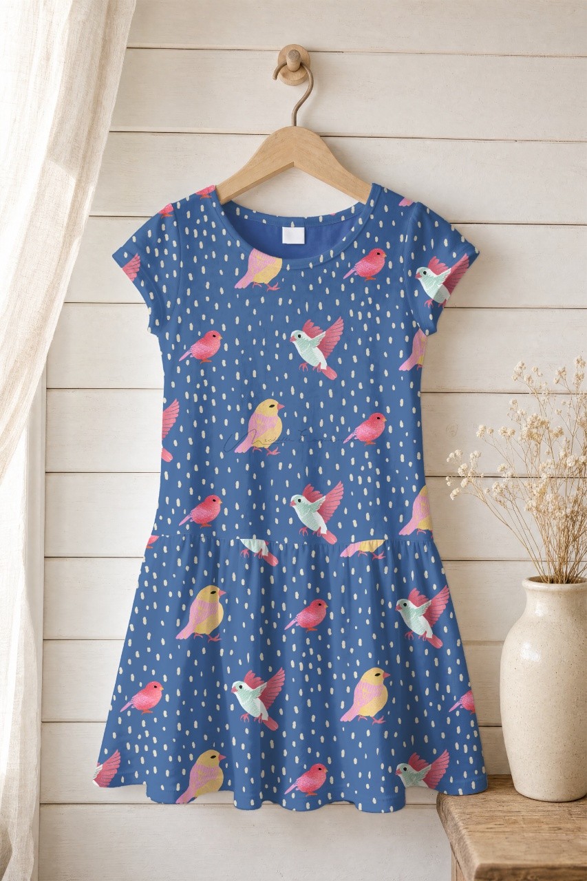 Girl's short-sleeved dress in the Fair Weather Friend bird repeat pattern