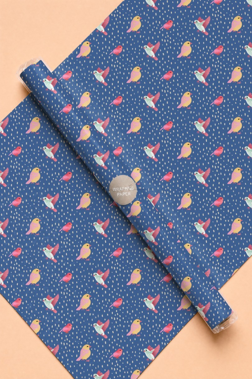 Gift-wrapping paper roll printed with the Fair Weather Friend bird repeat pattern