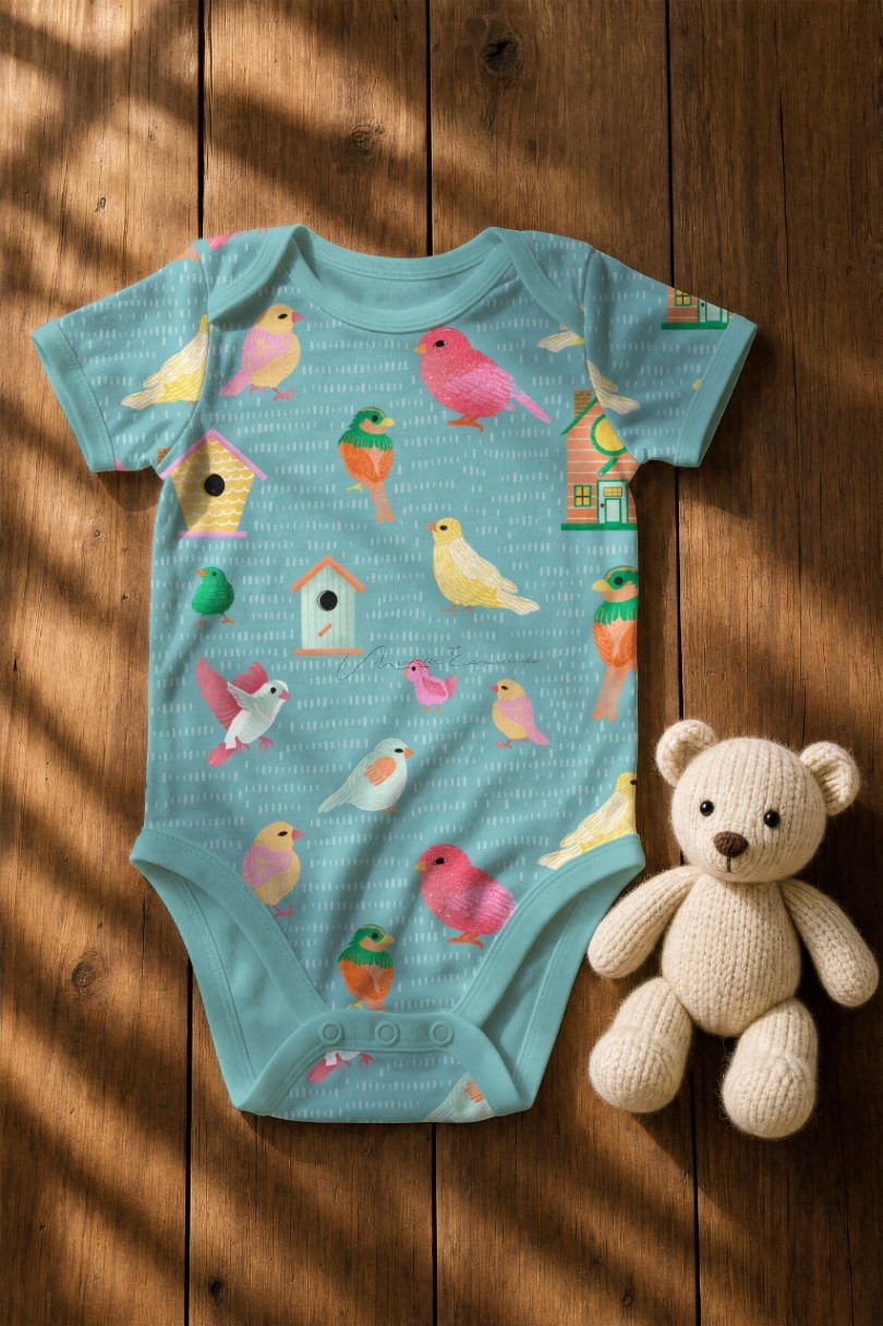 Baby onesie printed with the Home Tweet Home bird repeat pattern.