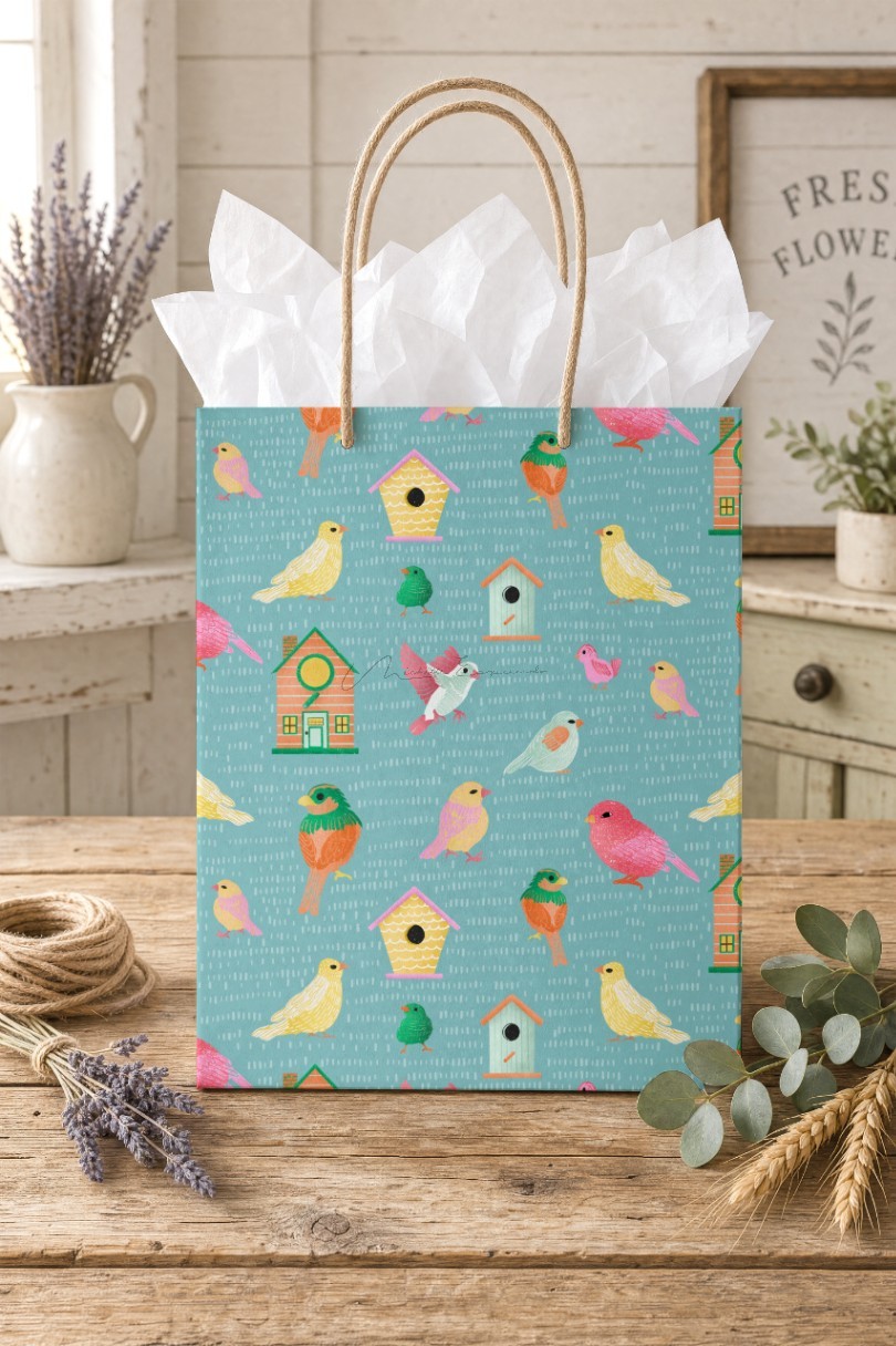 Small gift bag featuring the Home Tweet Home bird pattern design.