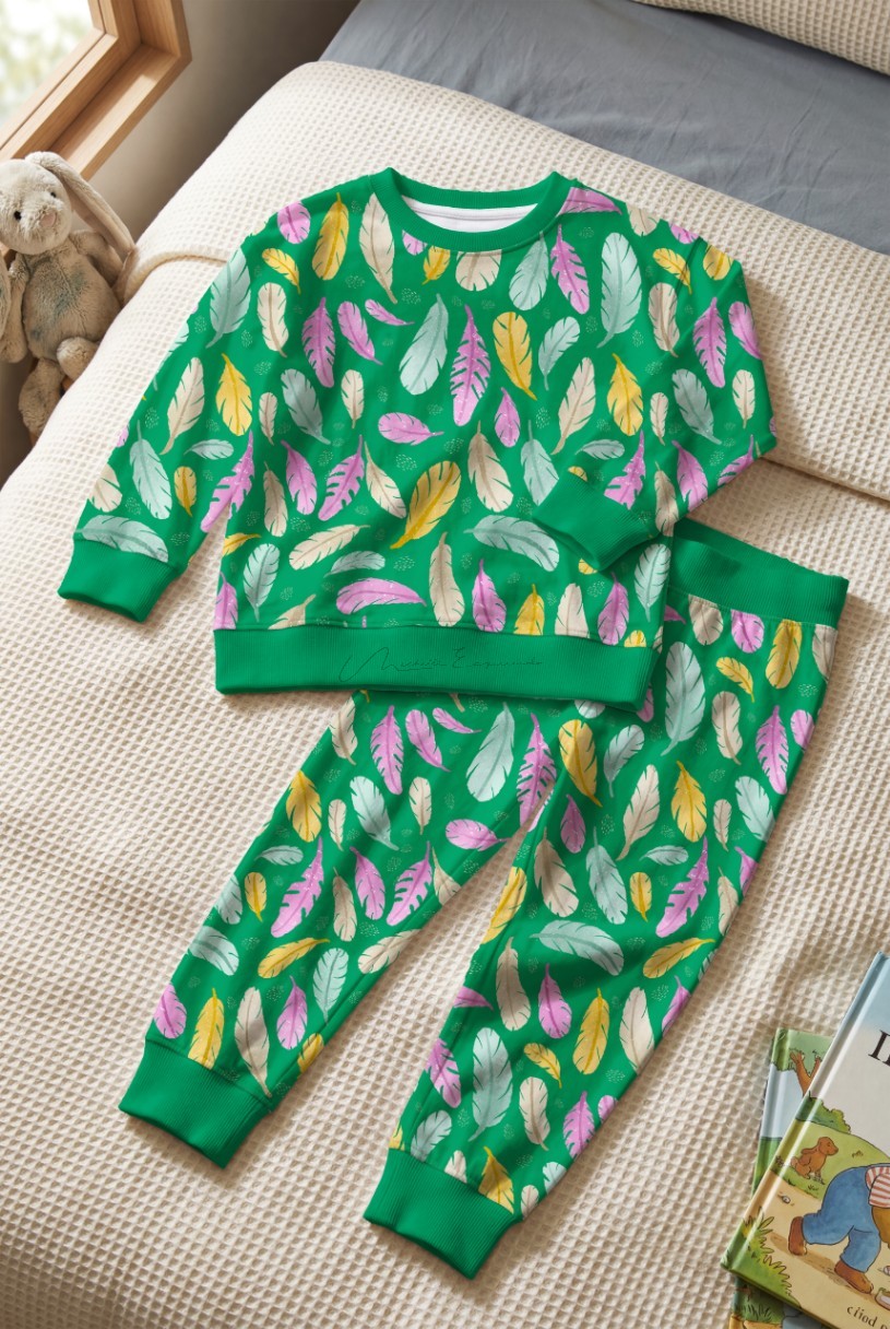 Toddler boy long-sleeved pajama set in the Feather Your Nest bird repeat pattern