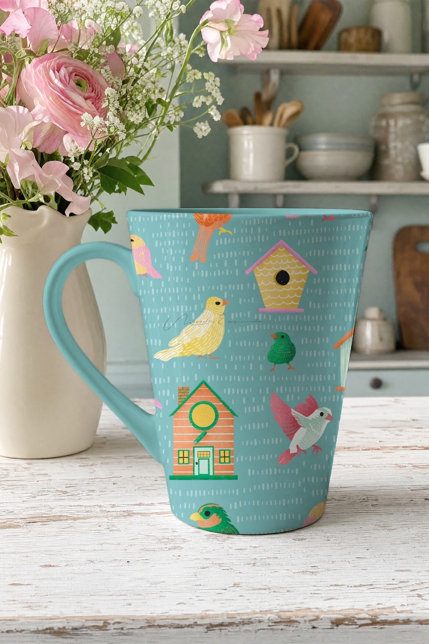 Coffee mug with the Home Tweet Home bird repeat pattern, styled on a rustic table with pink roses.