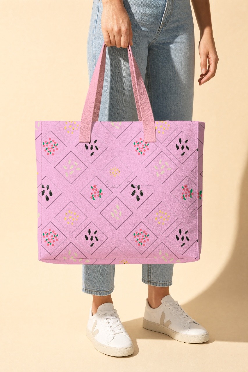Large tote bag printed with the For the Birds pattern.