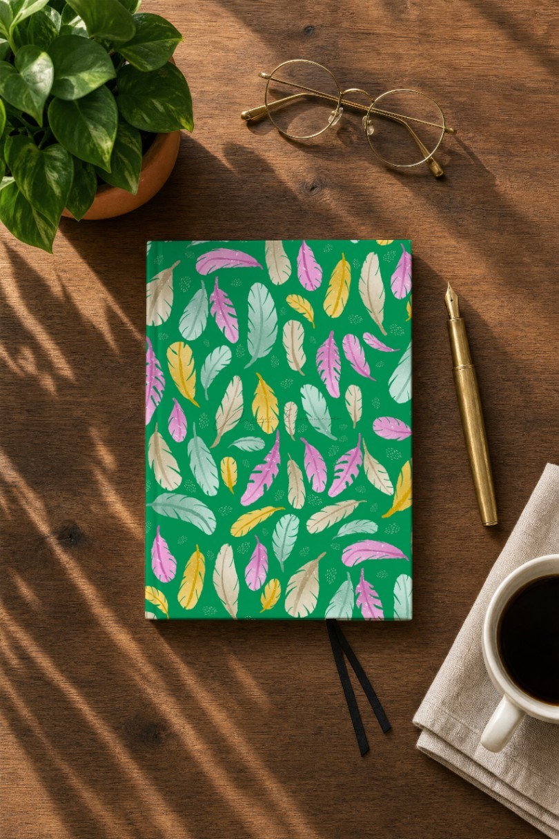 Journal cover mockup featuring the Feather Your Nest bird pattern design.