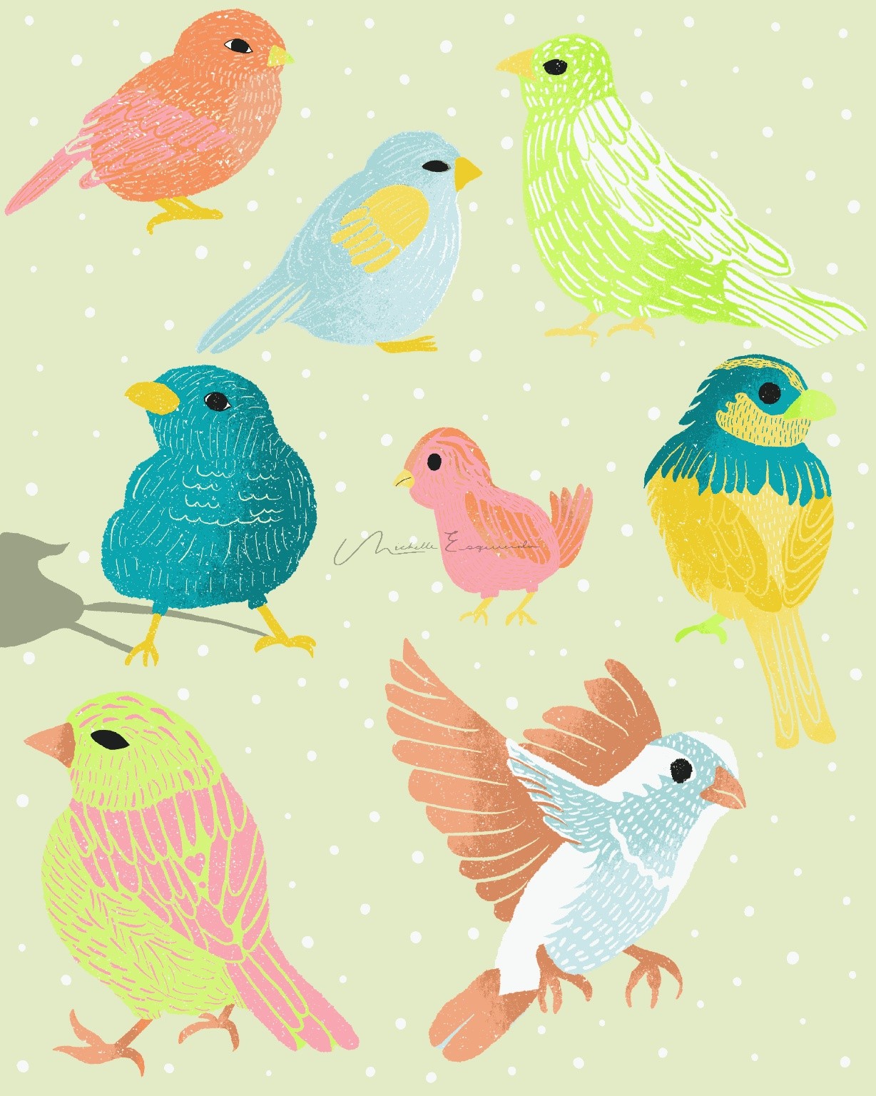 An arrangement of colorful birds.