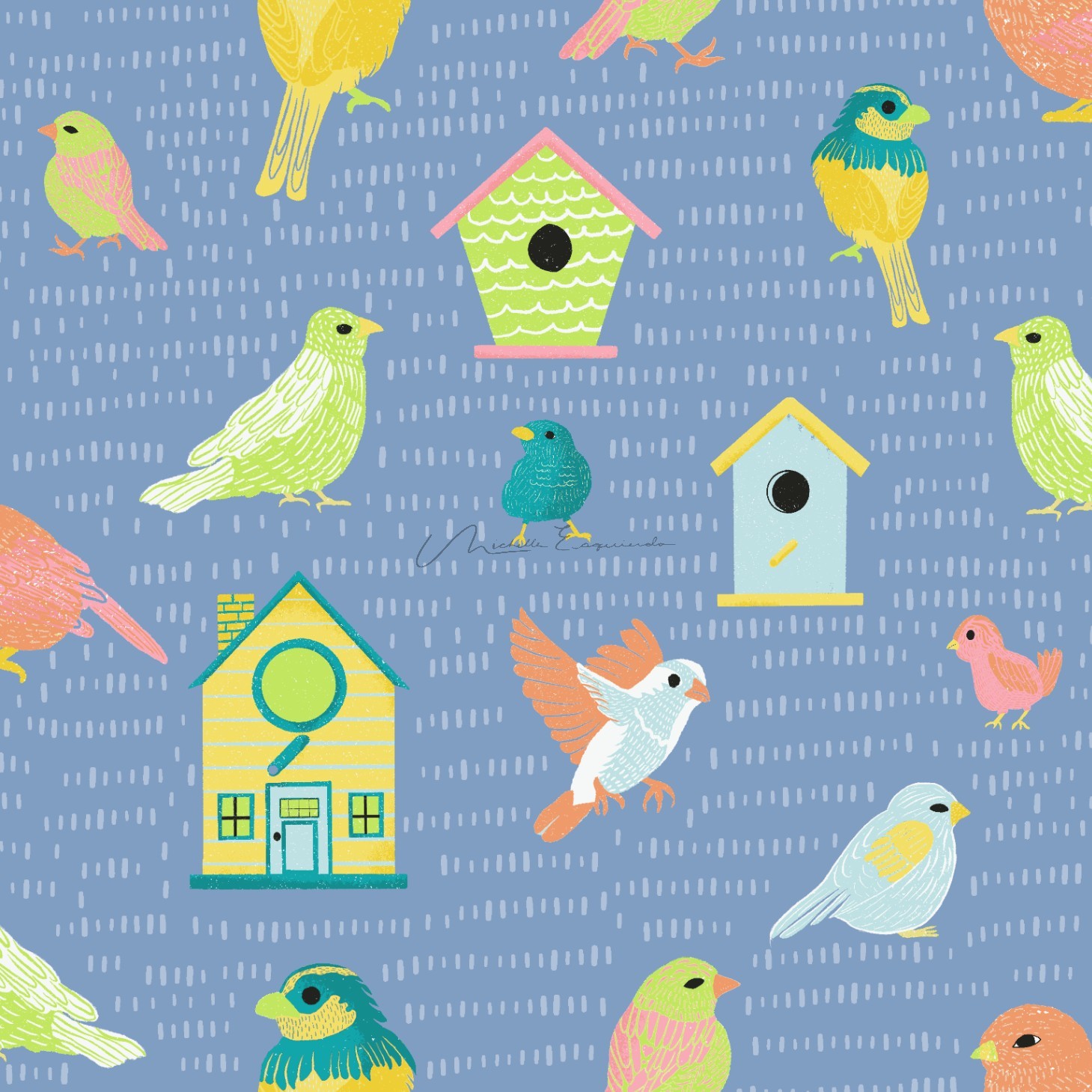 Whimsical birds and bird houses.