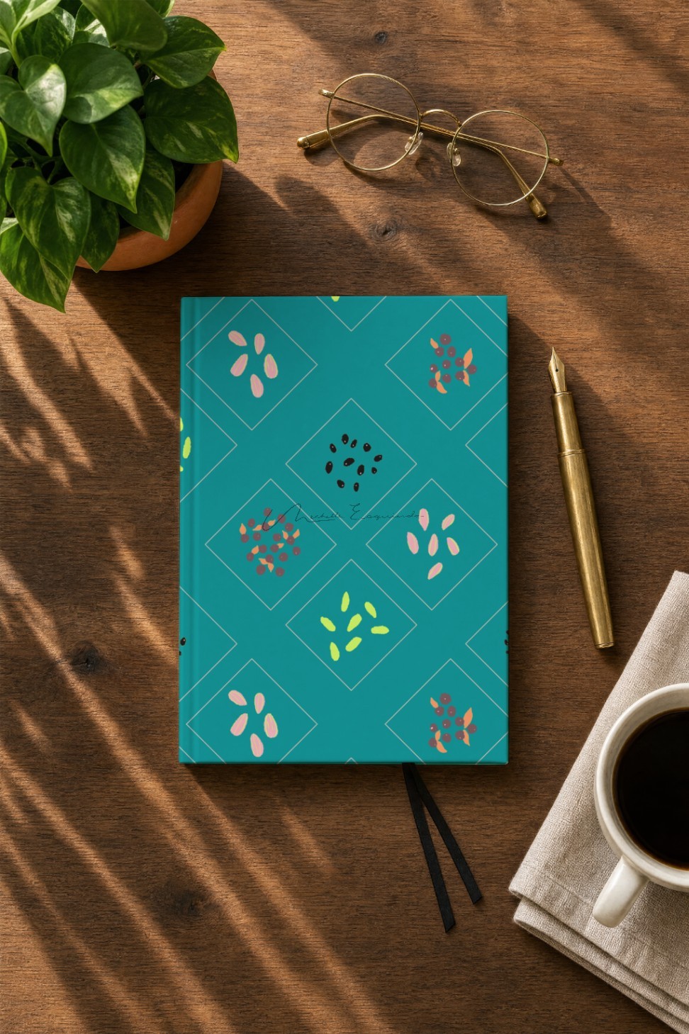 Journal cover mockup featuring the For the Birds bird pattern design.