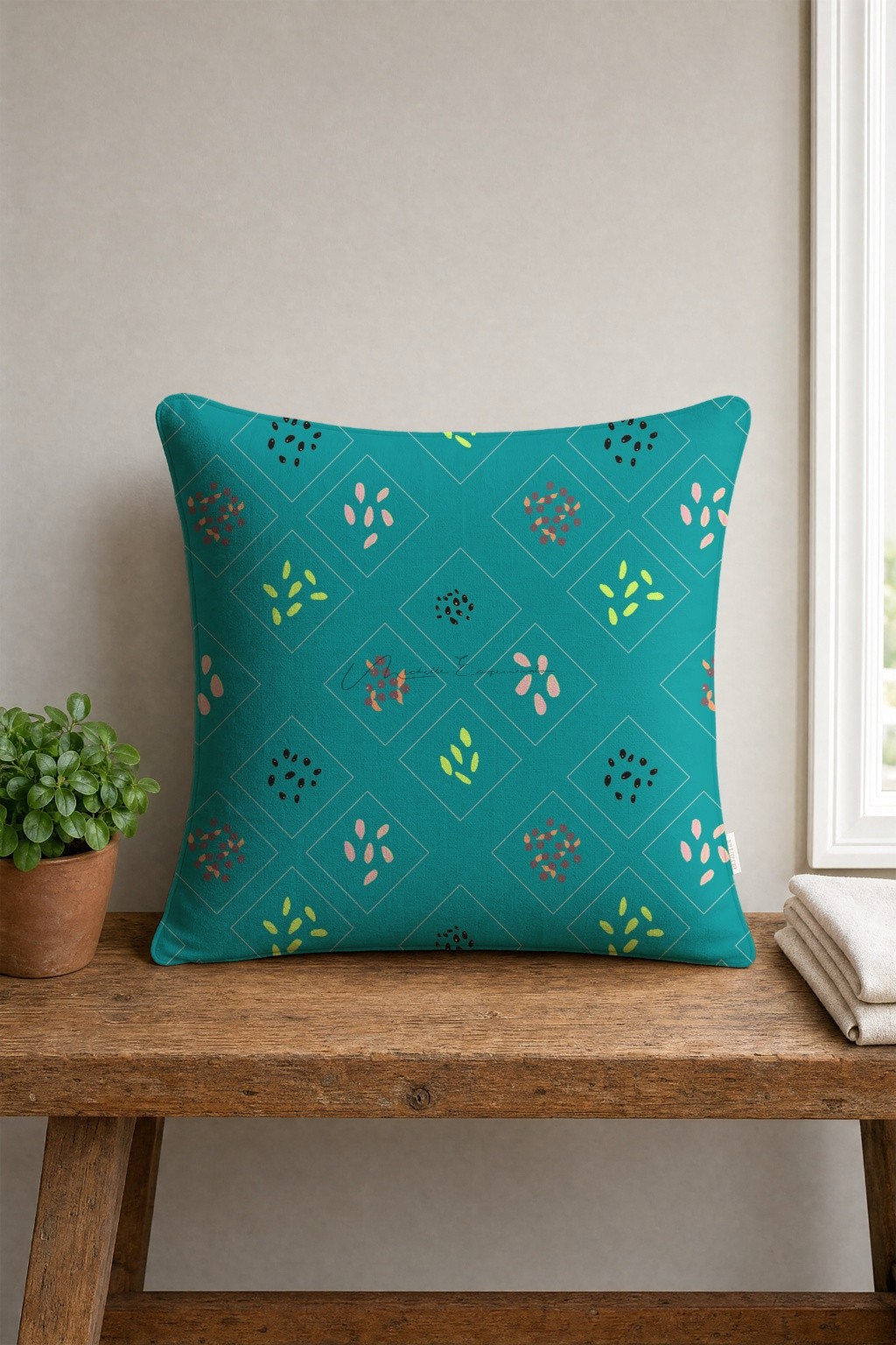 Throw pillow in the For the Birds bird repeat pattern design.