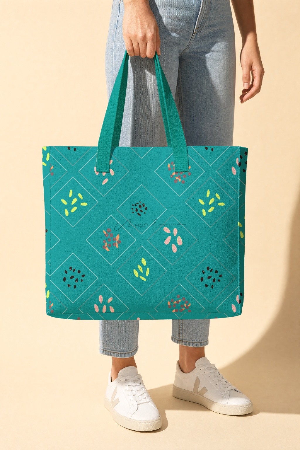 Large tote bag printed with the For the Birds pattern.