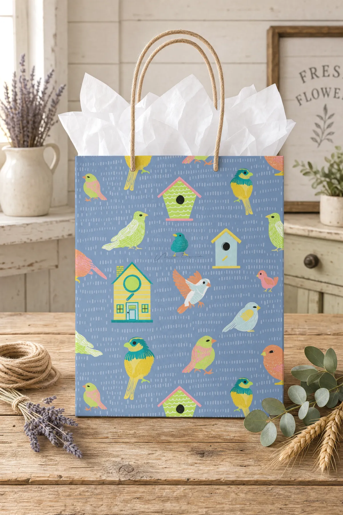 Small gift bag featuring the Home Tweet Home bird pattern design.