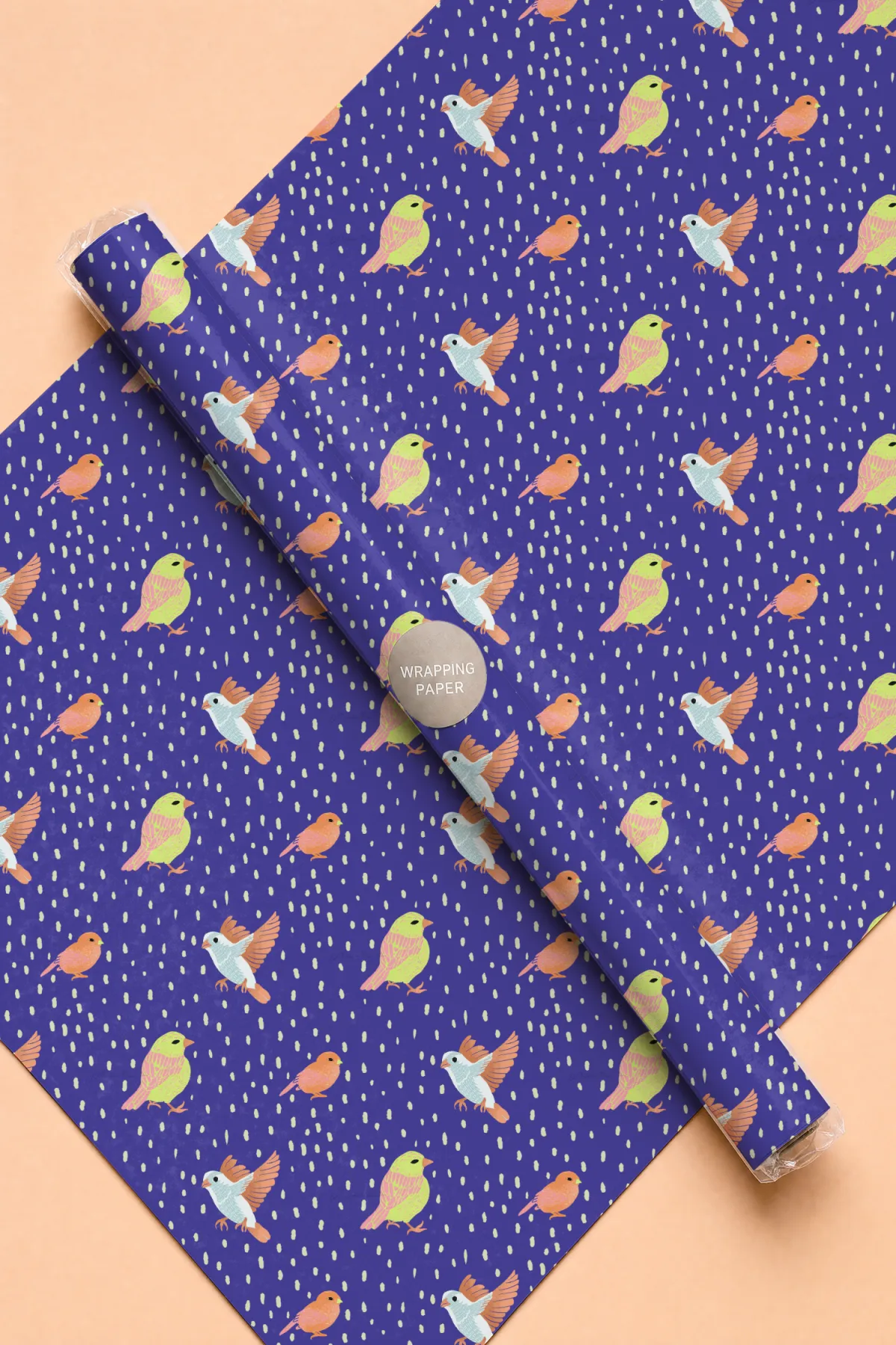 Gift-wrapping paper roll printed with the Fair Weather Friend bird repeat pattern