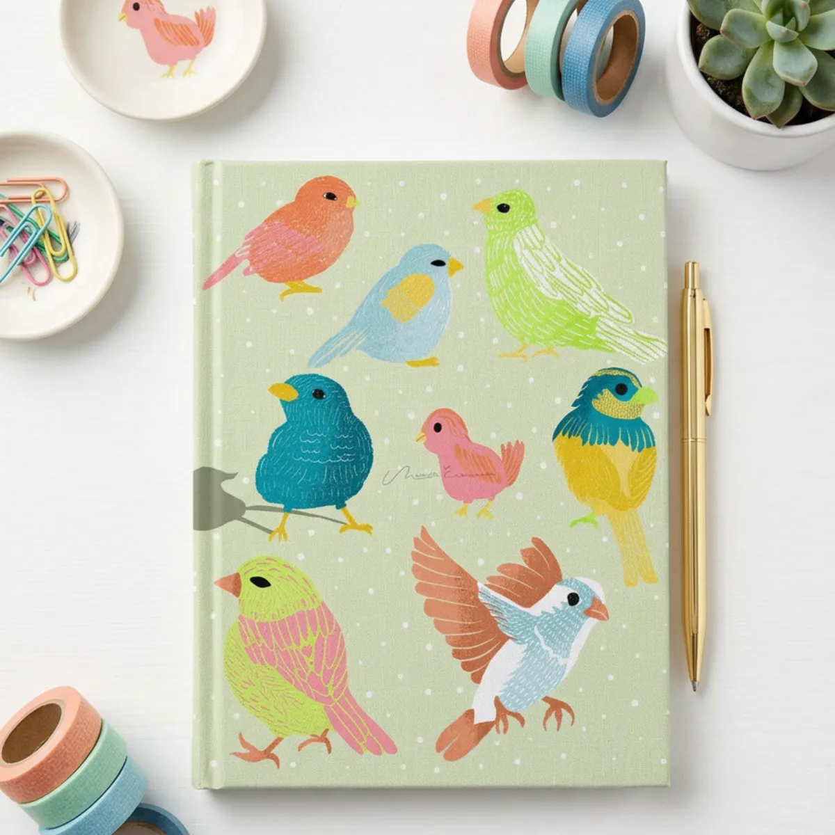 Closed journal with the Flock Together bird illustration cover design, shown on a table.