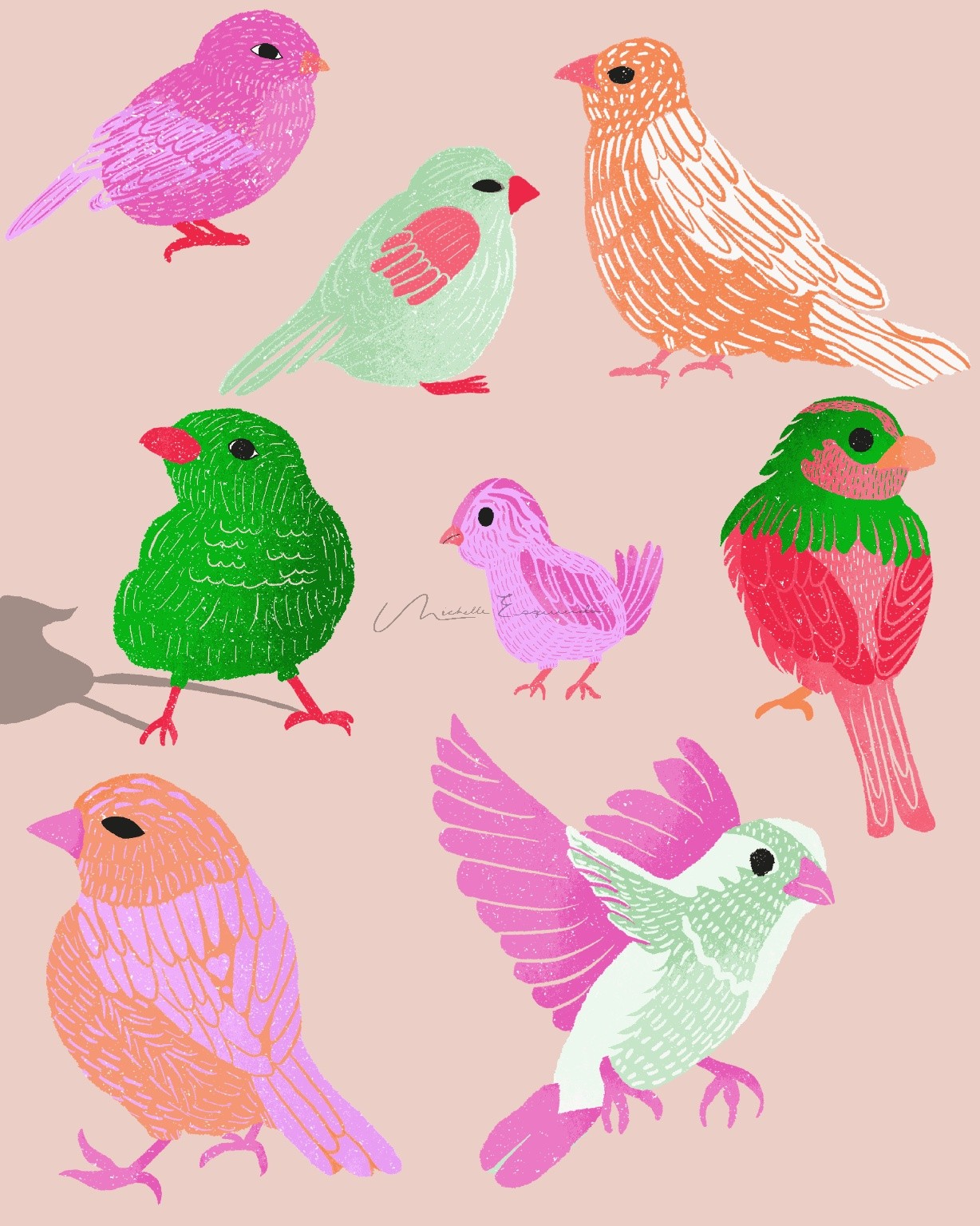 An arrangement of colorful birds.