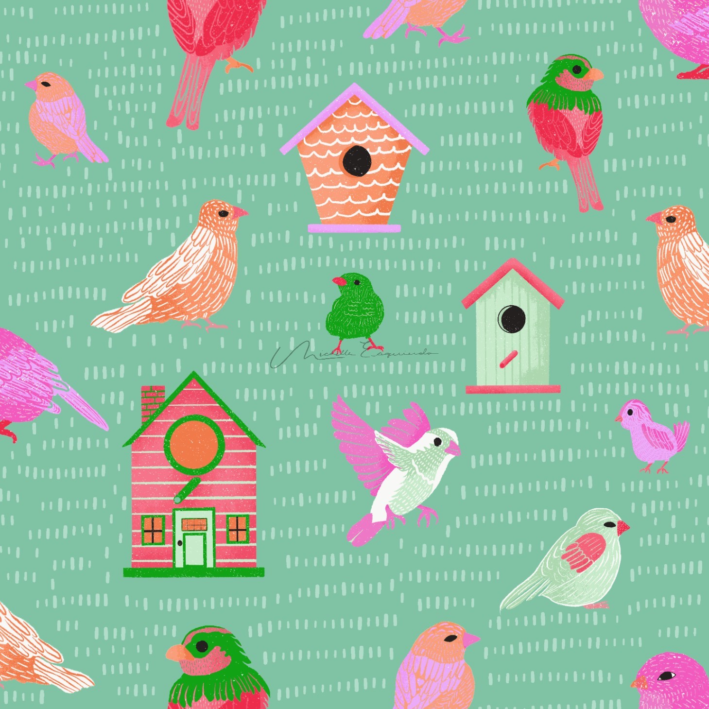 Whimsical birds and bird houses.