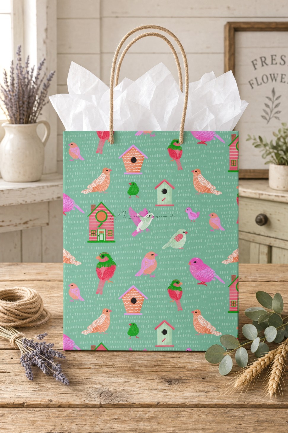 Small gift bag featuring the Home Tweet Home bird pattern design.
