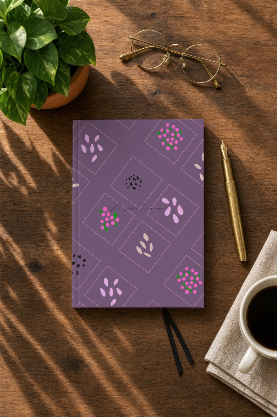Journal cover mockup featuring the For the Birds bird pattern design.