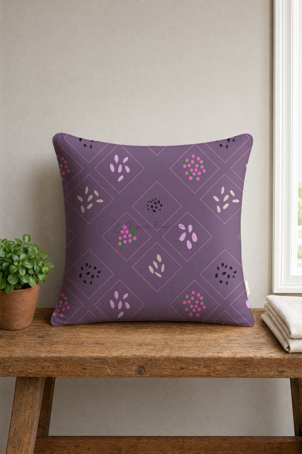 Throw pillow in the For the Birds bird repeat pattern design.