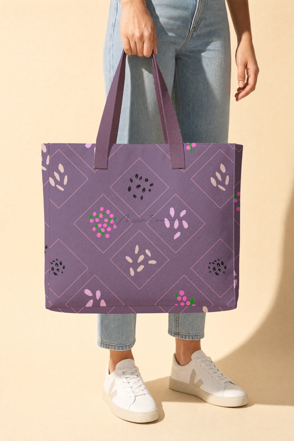 Large tote bag printed with the For the Birds pattern.