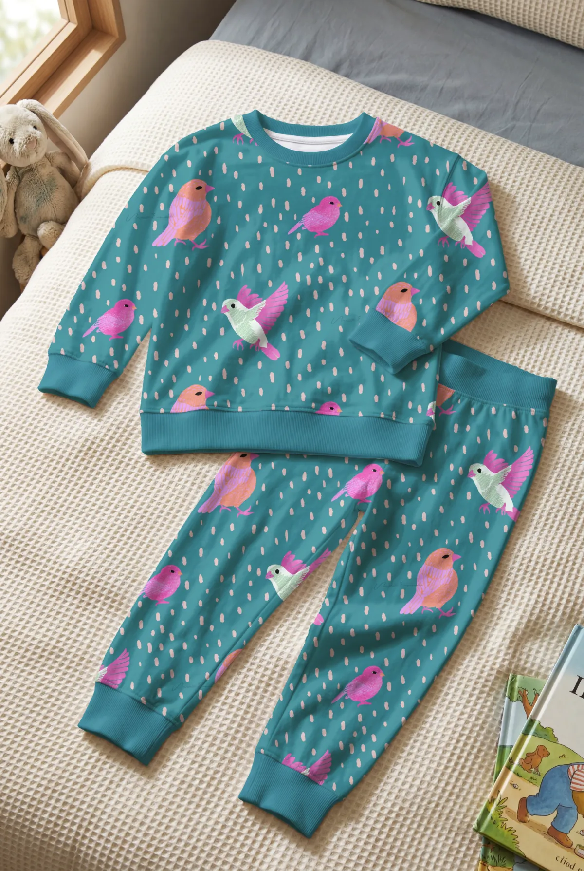 Toddler boy long-sleeved pajama set in the Fair Weather Friend bird repeat pattern